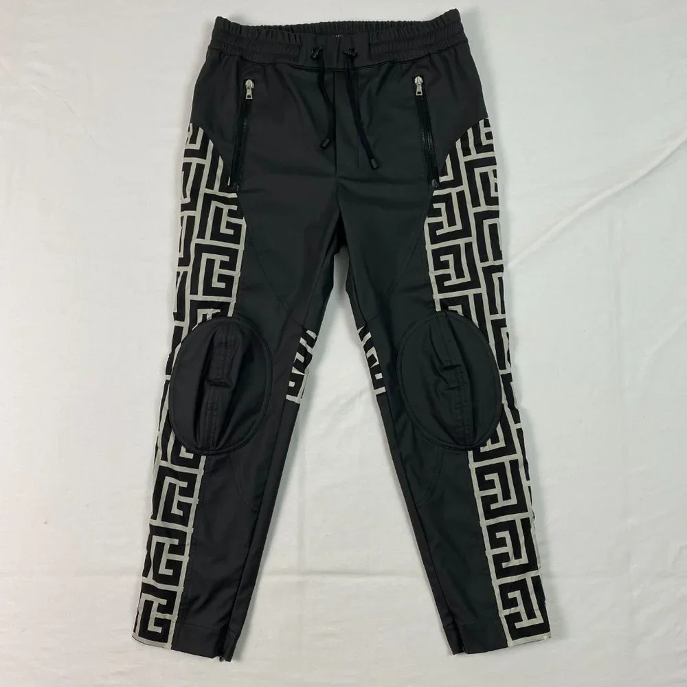 BALMAIN mens Maxi Monogram Knee-Pad Track Pants Nylon Jogger‎ Black Ivory 48